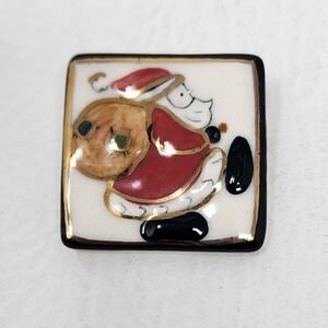 Vtg Santa Claus Ceramic Hand Painted Pin Brooch Square Christmas Holiday 1.5x1.5